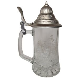 Vintage Etched Stag Deer Crystal Beer Stein Germany Mug Pewter Lid